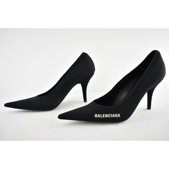 Balenciaga Knife Recycled Knit Black White Logo Pointed Toe Mule Heel Pump 37.5 - Picture 10 of 12